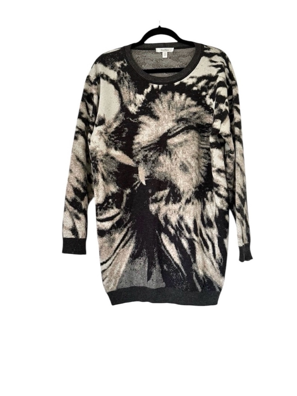 MaxMara Cashmere Wool Silk Knit Sweater Long Sleeve Gray Black Printed Womens L